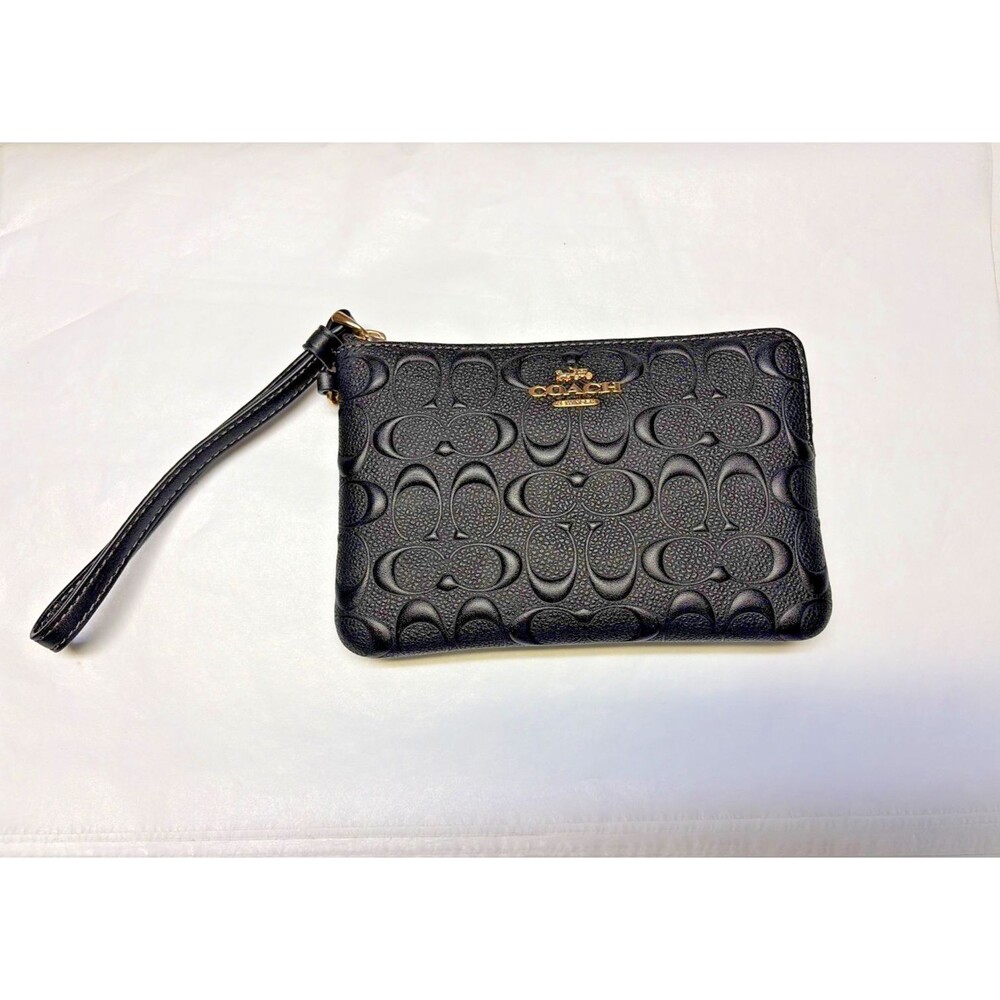 Coach Signature Black Leather Corner Zip Wristlet New 6"x 4" NWOT